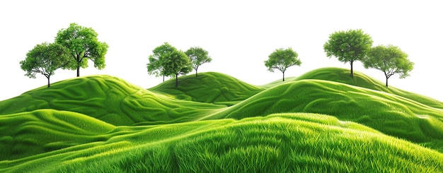 Beautiful green grassy hills with trees white background Green hills landscape cut out