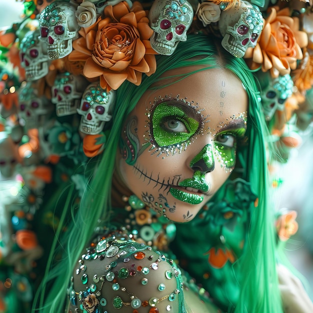 A beautiful green hair upbeat woman with skulls makeup and flowers in her face