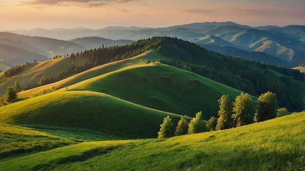 Beautiful green hills at dusk Carpathian Ukraine Europe Beauty world