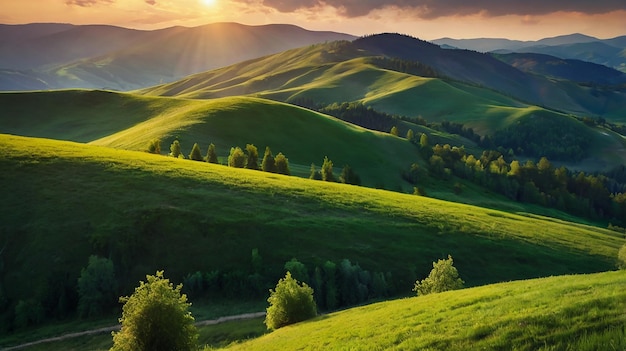 Photo beautiful green hills glowing by sunlight at twilight dramatic scene colorful sky carpathian ukraine europe beauty world