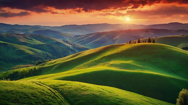 Photo beautiful green hills glowing by warm sunlight at twilight dramatic scene colorful sky red clouds carpathian ukraine europe beauty world