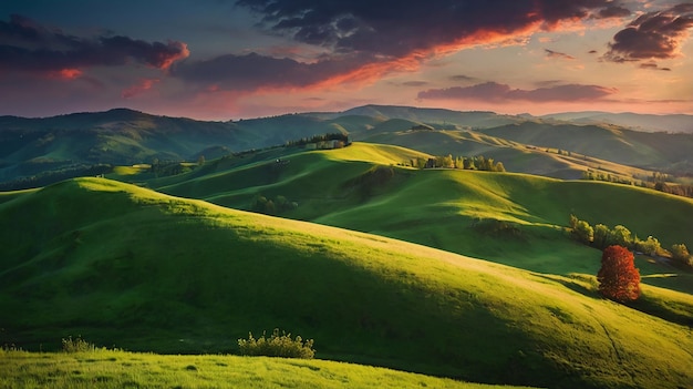 Photo beautiful green hills glowing by warm sunlight at twilight dramatic scene colorful sky red clouds carpathian ukraine europe beauty world