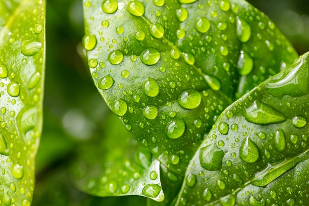 Beautiful green leaf texture with drops of water