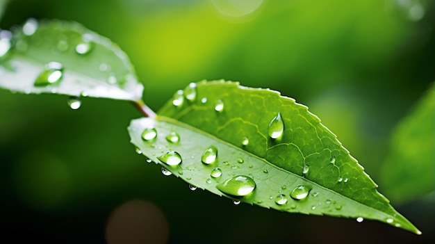 Beautiful green leaf with drops of water