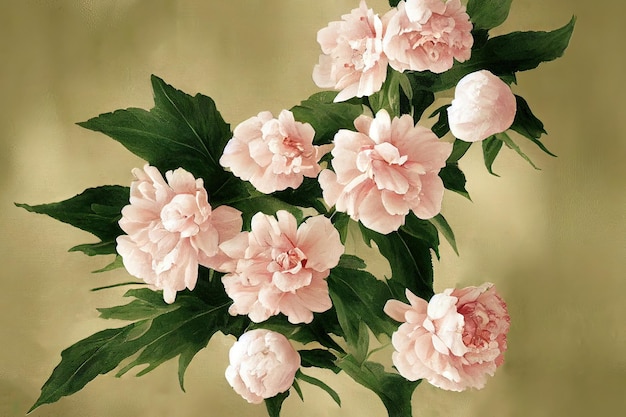 Beautiful green leaves pink flowers design 3d illustrated