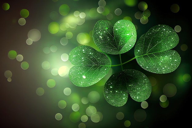 Beautiful Green Leaves Of Three And Four Leaf Clover Bokeh Light With Glitter Dust Background For St Patrick39s Day realistic Generative Ai