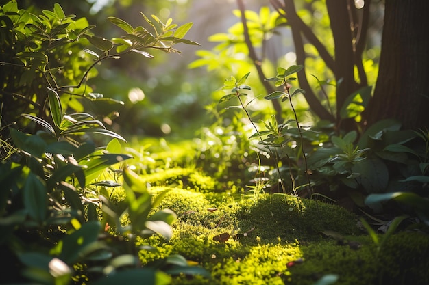 Beautiful green moss in the garden with sunlight and lens flare