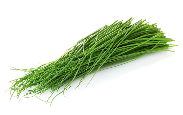 Beautiful green onion chives isolated on white