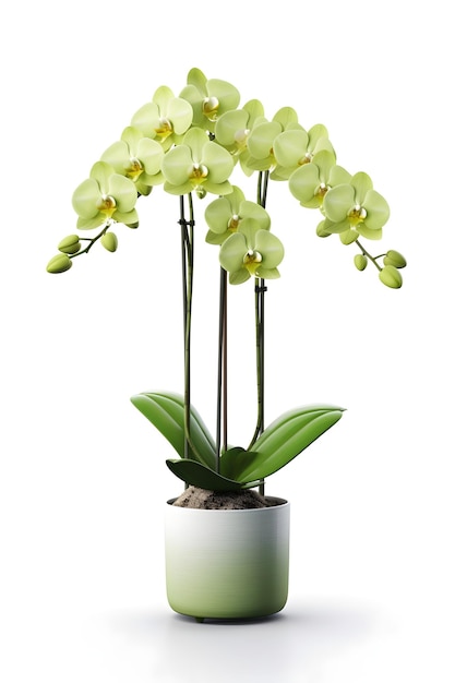 Beautiful green orchid flower in ceramic pot on white background