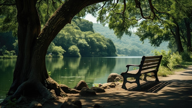 Photo beautiful green park near the lake with a bench