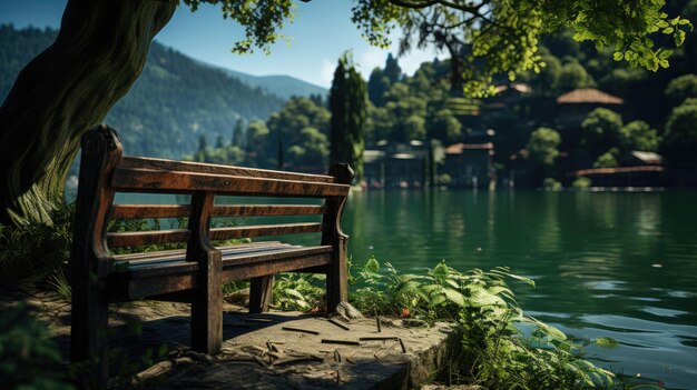 Photo beautiful green park near the lake with a bench