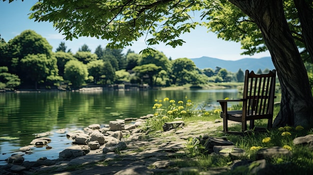 Photo beautiful green park near the lake with a bench