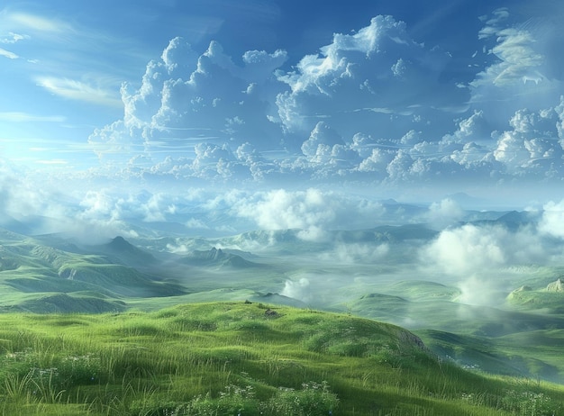 Beautiful green rolling hills landscape with white clouds in the blue sky