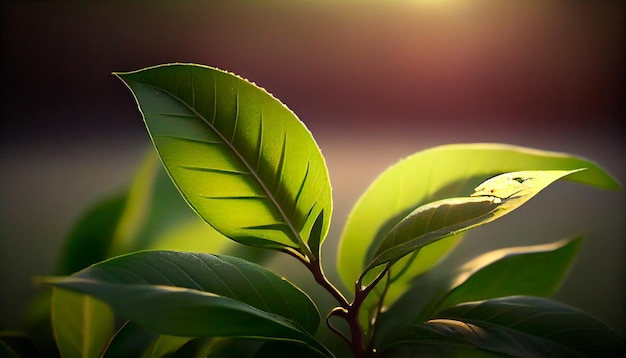 Beautiful green tea leaves with sunlight AI generative