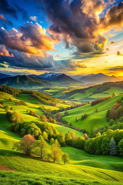 beautiful green valley with green fields with green spring grass with nive hills and mountains and scrnic colorful cloudy sunset on background of landscape