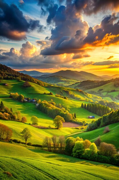 beautiful green valley with green fields with green spring grass with nive hills and mountains and scrnic colorful cloudy sunset on background of landscape