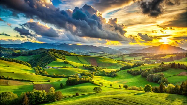 Photo beautiful green valley with green fields with green spring grass with nive hills and mountains and scrnic colorful cloudy sunset on background of landscape