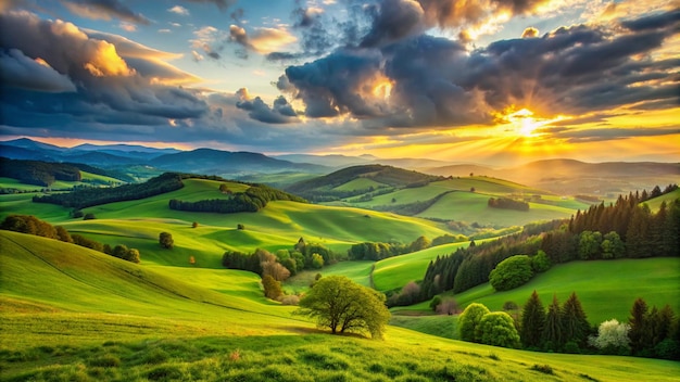 beautiful green valley with green fields with green spring grass with nive hills and mountains and scrnic colorful cloudy sunset on background of landscape