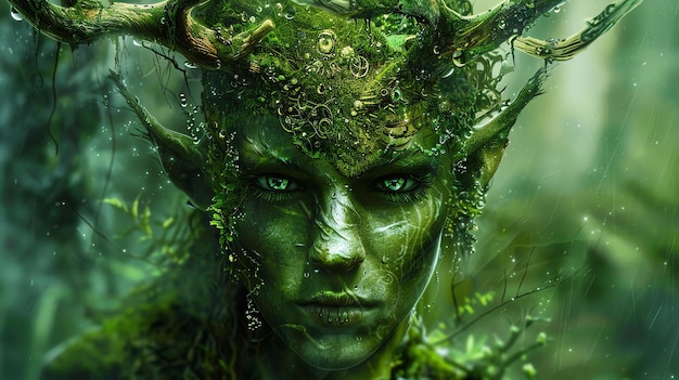 A beautiful greenskinned woman with antlers surrounded by nature