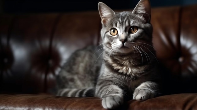 Beautiful grey cat lying on a soft chair Domestic long hair cat on a sofa Generative AI