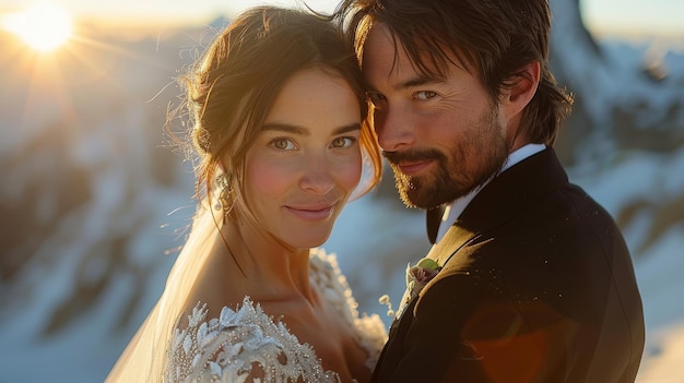 Beautiful groom and bride at the wedding arrangement on snowy mountain in the evening