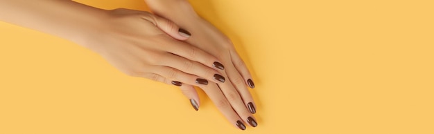 Beautiful groomed womans hands with brown nail design on yellow background