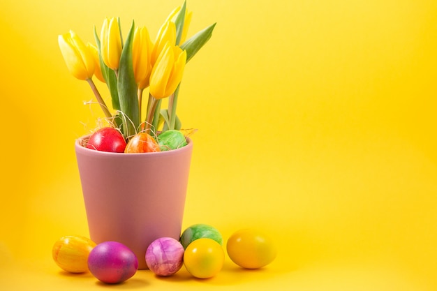 Beautiful group Easter eggs in the spring of easter day, red eggs, blue, purple and yellow in Tulip Pots on the Yellow