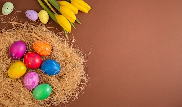 Beautiful group Easter eggs in the spring of easter day, red eggs, blue, purple and yellow in Wooden basket on the brown background