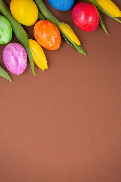 Beautiful group Easter eggs in the spring of easter day, red eggs, blue, purple and yellow