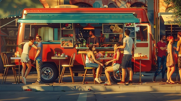 Beautiful group of people socializing while eating outdoor in front of modified truck for fast food