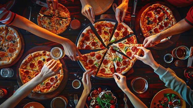 Beautiful group of students friends eat Italian pizza hands take slices of pizza in a restaurant