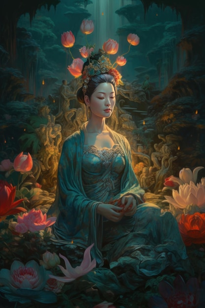 Beautiful Guanyin Bodhisattva Sit on the lotus in forest generative AI