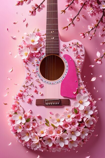 A beautiful guitar adorned with flowers sakura in this stunning perfect for music or flowerrelated