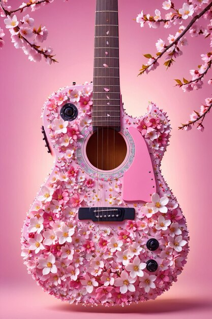 A beautiful guitar adorned with flowers sakura in this stunning perfect for music or flowerrelated