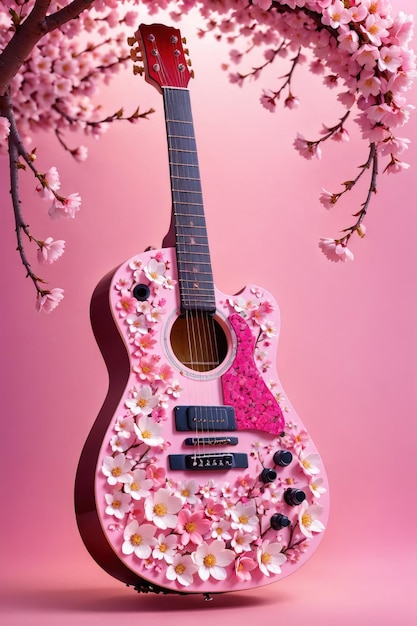 A beautiful guitar adorned with flowers sakura in this stunning perfect for music or flowerrelated