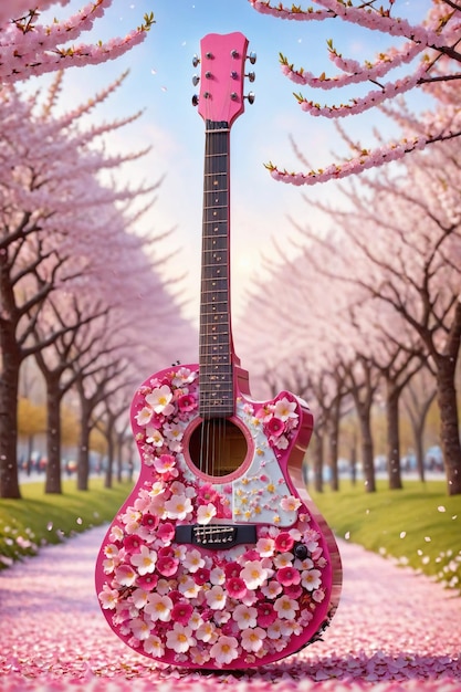 A beautiful guitar adorned with flowers sakura in this stunning perfect for music or flowerrelated