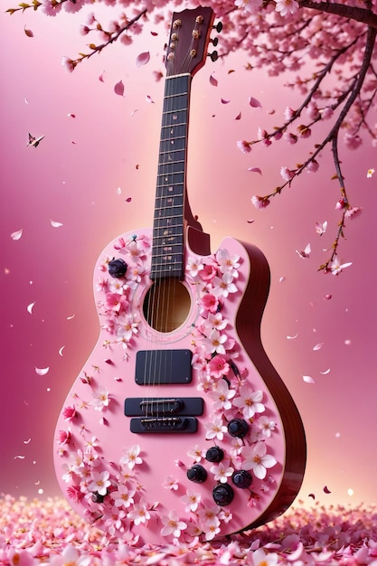 A beautiful guitar adorned with flowers sakura in this stunning perfect for music or flowerrelated