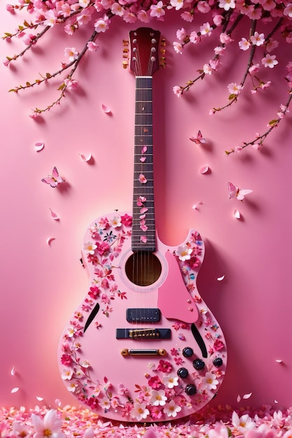 A beautiful guitar adorned with flowers sakura in this stunning perfect for music or flowerrelated