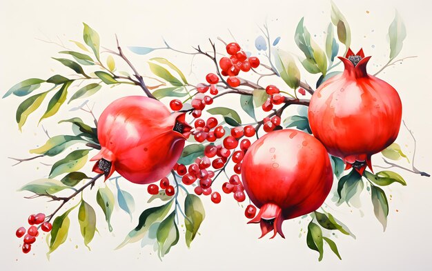 Beautiful hand drawn watercolor pomegranate fruits with leaves and branches on a white background