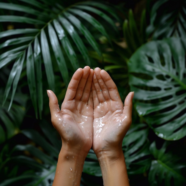 Beautiful hand and product mockup on natural background leaves and water drops generative ai art