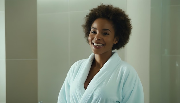 Beautiful happy African American woman wearing a bathrobe in the luxurious bright bathroom