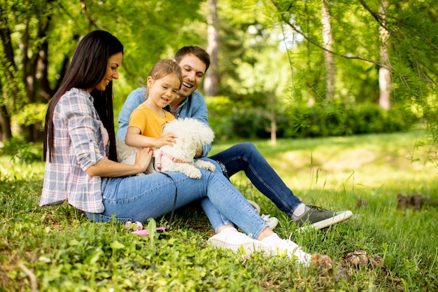 Beautiful happy family is having fun with bichon dog outdoors in the park