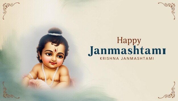 Photo beautiful happy janmashtami banner and krishna janmashtami poster text illustration art