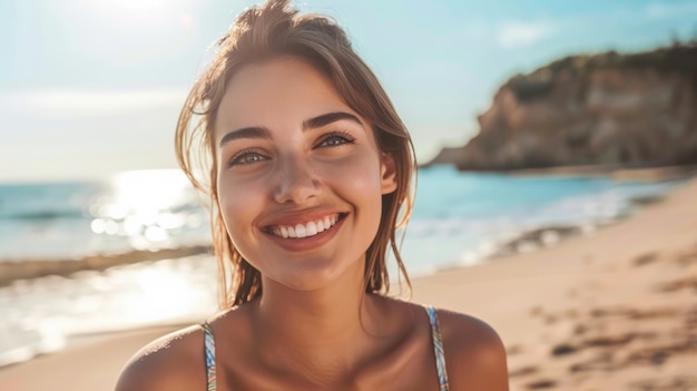 Beautiful happy smiling young woman on the ocean beach ai generated