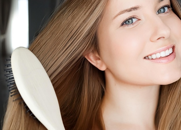 Beautiful happy woman combing her long hair