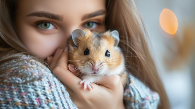 Photo beautiful happy woman cuddling with cute hamster friendship with pet