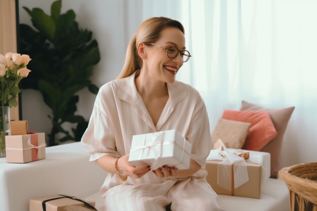 Photo beautiful happy woman at home looking at products that arrived in a gift box