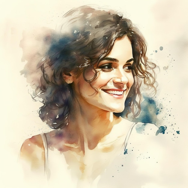 Beautiful happy woman portrait in watercolor painting