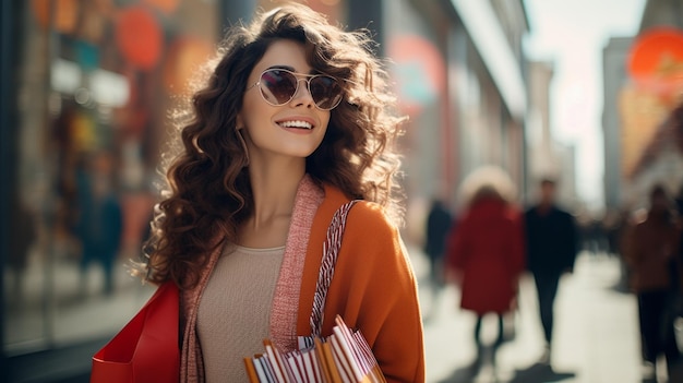 A beautiful happy woman in sunglasses is walking on a city street Lifestyle Shopping concepts