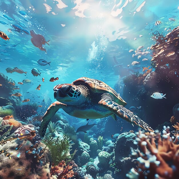 A beautiful hawksbill sea turtle swims gracefully through a vibrant coral reef